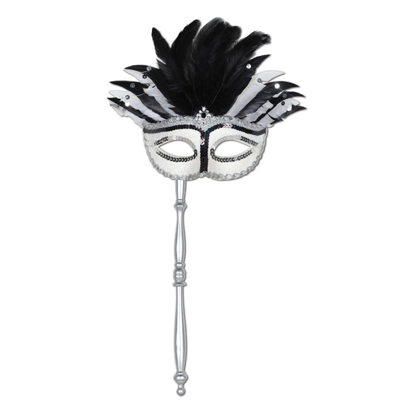 Beistle Black and White Feather Mask w/Stick - Party Supply Decoration for Mardi Gras