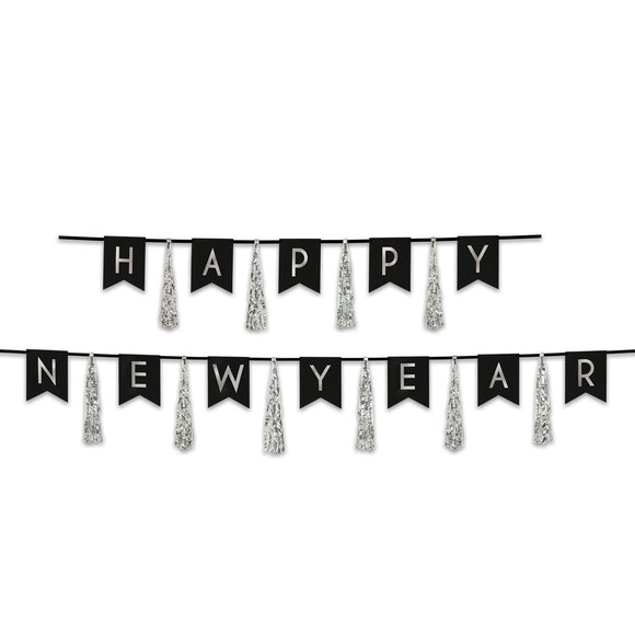 Beistle Happy New Year Tassel Streamer - Black and Silver 13 in  x 6' & 13 in  x 9' (1/Pkg) Party Supply Decoration : New Years