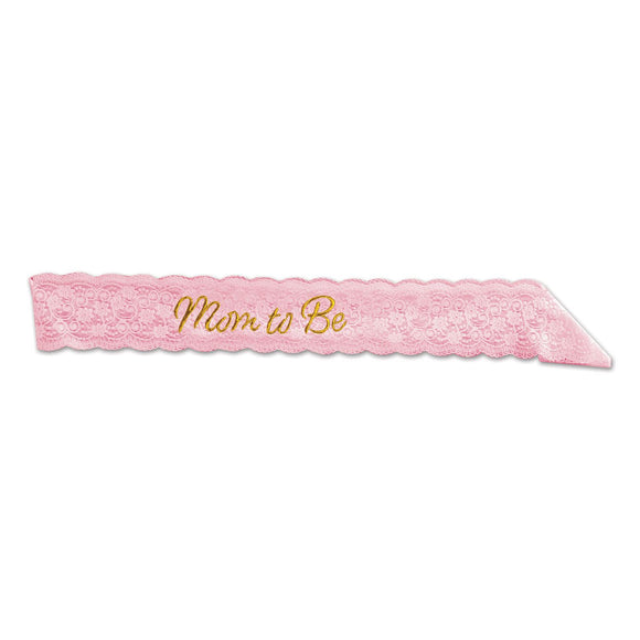 Beistle Mom To Be Lace Sash - Pink - Party Supply Decoration for Baby Shower