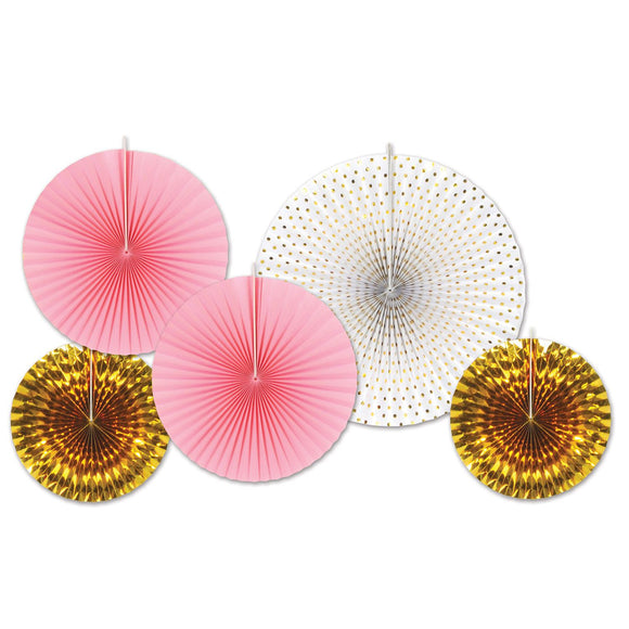 Beistle Assorted Paper & Foil Decorative Fans - Gold & Pink - Party Supply Decoration for Baby Shower
