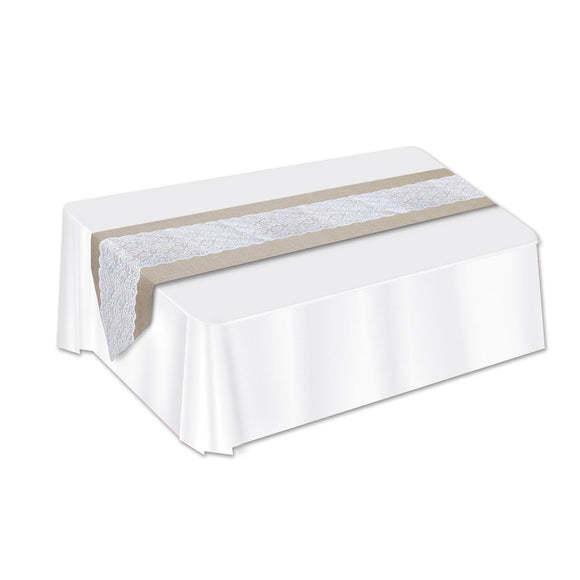 Beistle Lace & Burlap Table Runner - Party Supply Decoration for Wedding