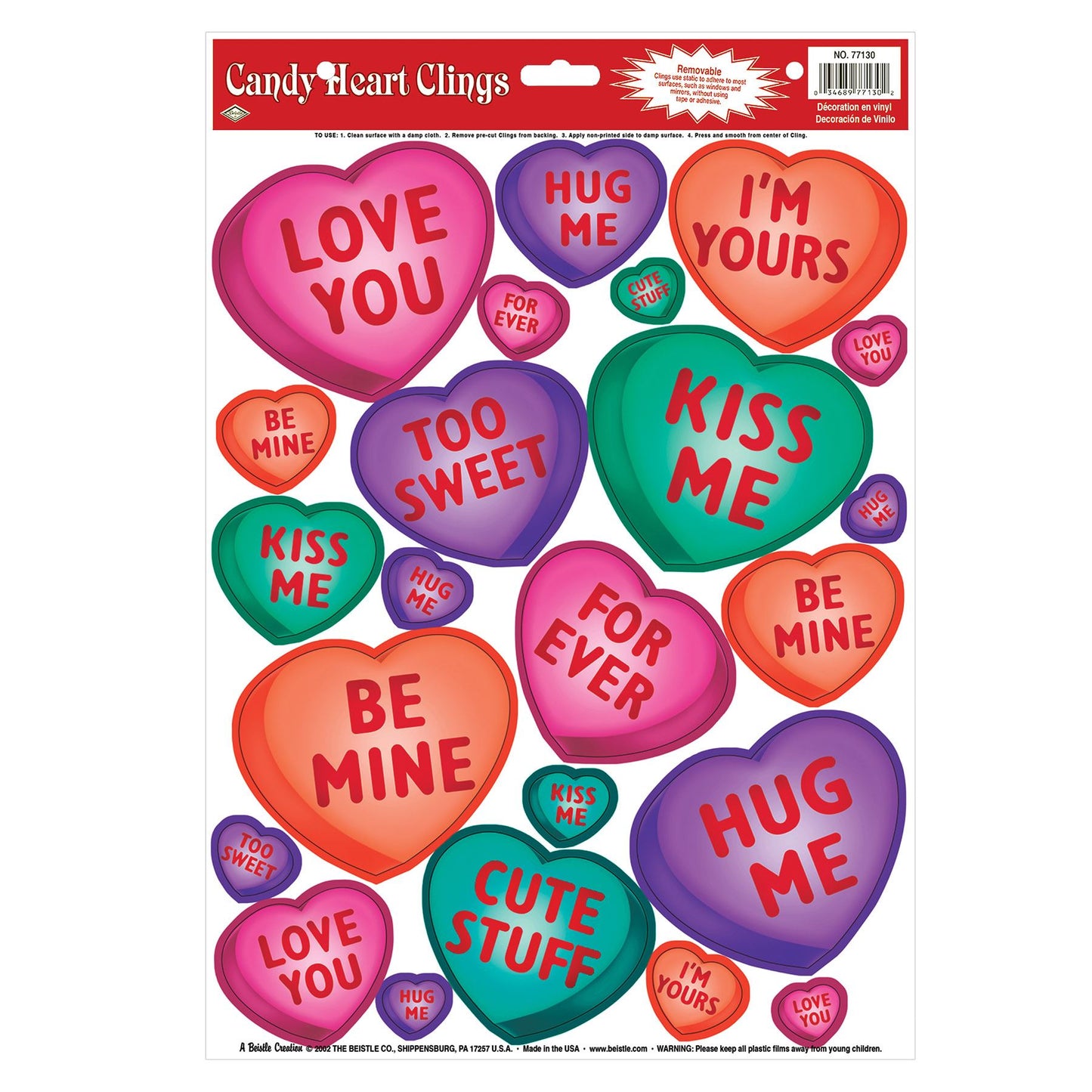 Beistle Candy Heart Window Clings - Party Supply Decoration for Valentines