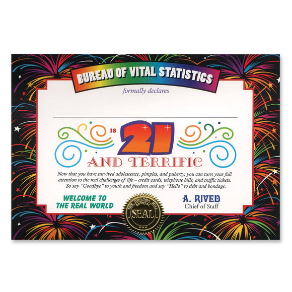 Beistle 21 & Terrific Certificate - Party Supply Decoration for 21st Birthday