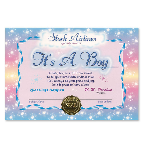 Beistle It's A Boy Certificate - Party Supply Decoration for Baby Shower