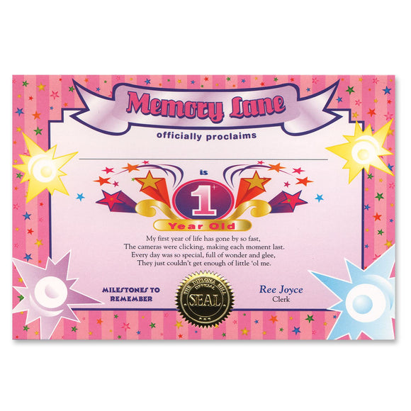 Beistle 1 Year Old (Girl) Certificate - Party Supply Decoration for 1st Birthday