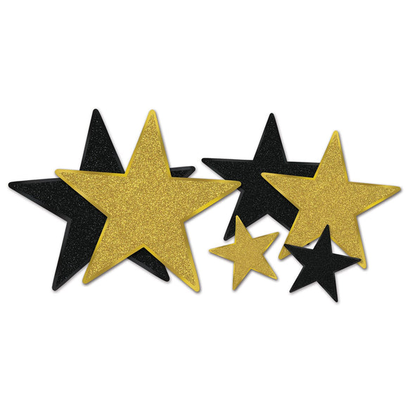Beistle Black and Gold Glittered Star Cutouts Assorted (6/Pkg) Party Supply Decoration : Awards Night