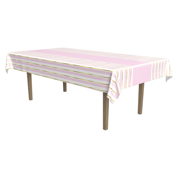 Beistle Striped Tablecover - Pink, White and Gold 54 in  x 108 in  (1/Pkg) Party Supply Decoration : Baby Shower