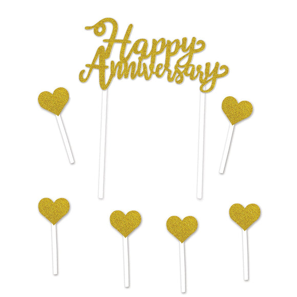 Beistle Gold Happy Anniversary Cake Topper - Party Supply Decoration for Anniversary