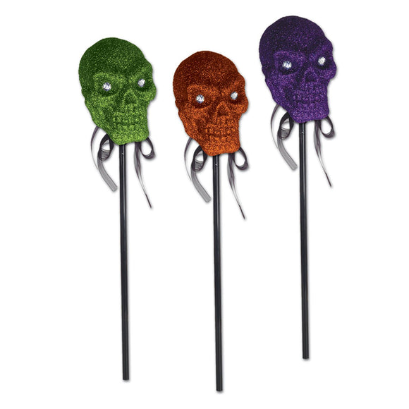 Beistle Glittered Plastic Skull On A Stick (1 per pkg) (Assorted Colors) - Party Supply Decoration for Halloween