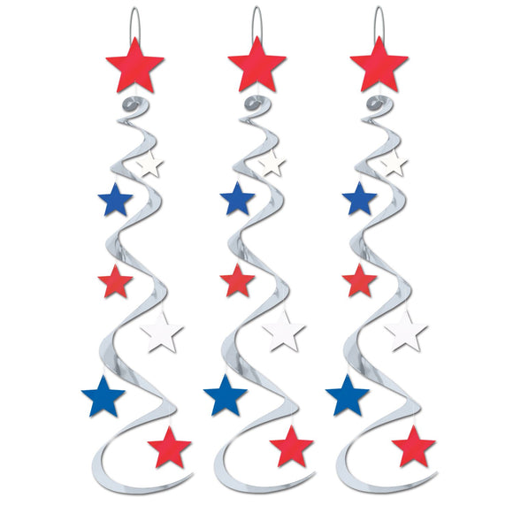 Beistle Red, Silver, and Blue Star Whirls (3/pkg) - Party Supply Decoration for Patriotic