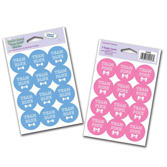 Beistle Gender Reveal Team Blue/Team Pink Stickers - Party Supply Decoration for Baby Shower