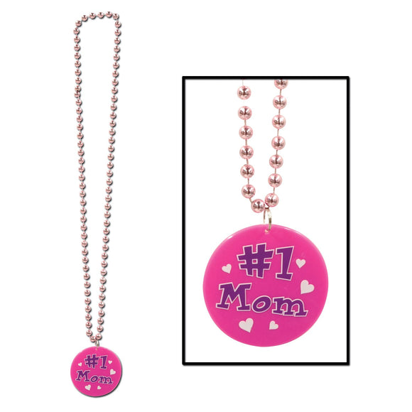 Beistle Pink Bead with Printed #1 Mom Medallion (1/pkg) - Party Supply Decoration for Mothers/Fathers Day
