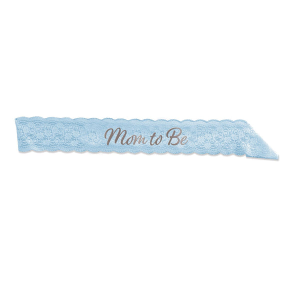 Beistle Mom To Be Lace Sash - Blue - Party Supply Decoration for Baby Shower