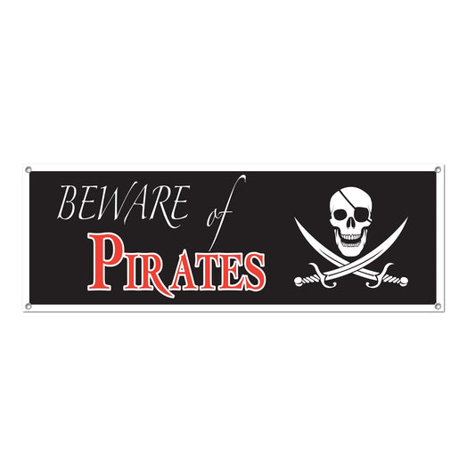 Beistle Beware Of Pirates Sign Banner 5' x 21 in  (1/Pkg) Party Supply Decoration : Pirate