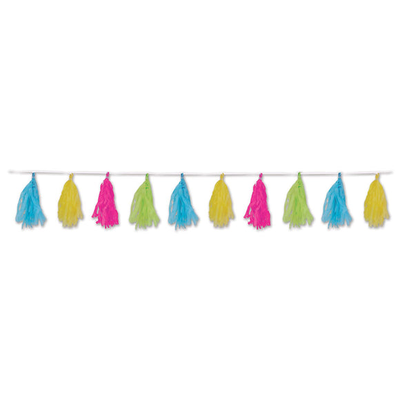 Beistle Tissue Tassel Garland - Cerise, Light Green, Turquoise, Yellow - Party Supply Decoration for Luau