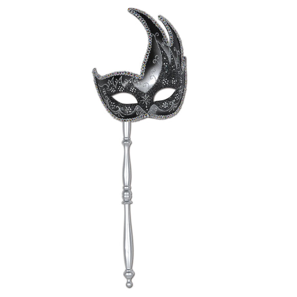Beistle Silver and Black Glitter Mask w/ Stick - Party Supply Decoration for Mardi Gras