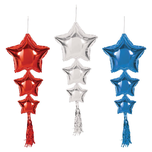 Beistle Star Balloons w/Tassels - Red, Silver, Blue - Party Supply Decoration for Patriotic