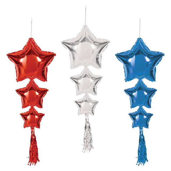 Beistle Star Balloons w/Tassels - Red, Silver, Blue - Party Supply Decoration for Patriotic