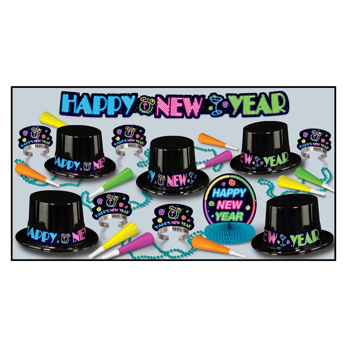 Beistle Neon New Year Assortment (for 10 people) - Party Supply Decoration for New Years