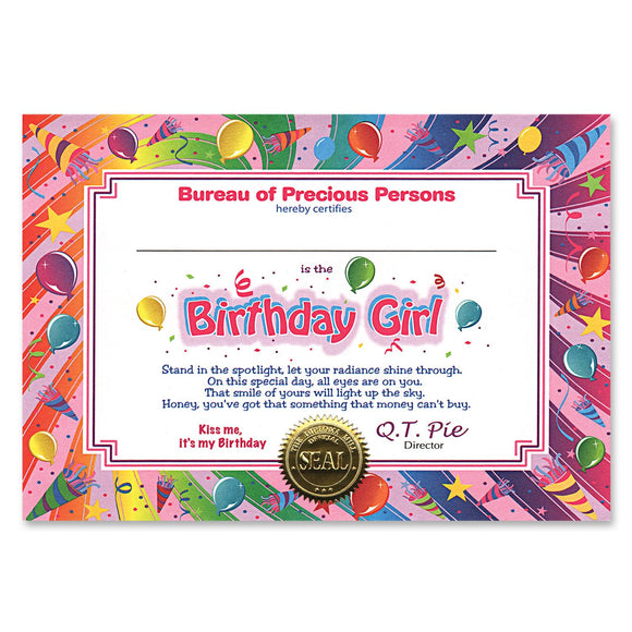 Beistle Birthday Girl Award Certificates - Party Supply Decoration for Birthday