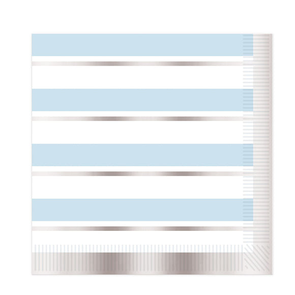 Beistle Striped Luncheon Napkins - Blue, White and Silver - Party Supply Decoration for Baby Shower
