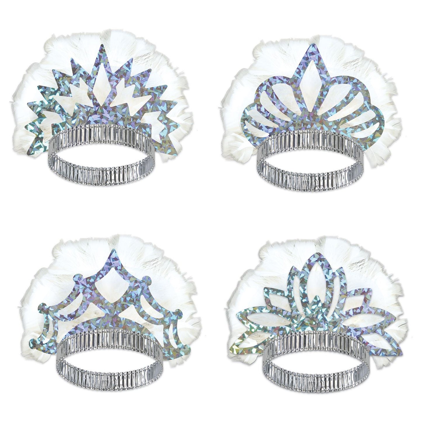 Beistle Silver Prismatic Tiara with White Feathers (sold 50 per box) - Party Supply Decoration for General Occasion