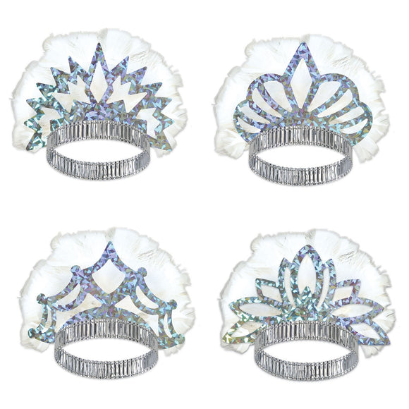 Beistle Silver Prismatic Tiara with White Feathers (sold 50 per box) - Party Supply Decoration for General Occasion
