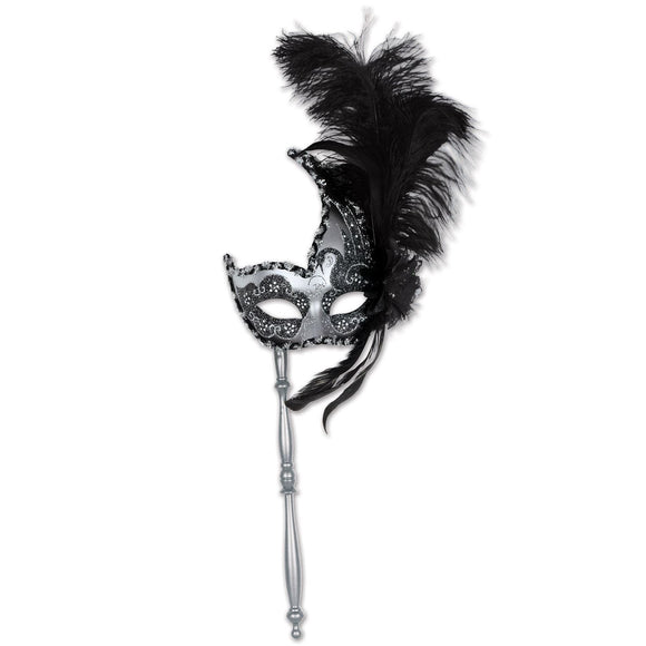 Beistle Silver and Black Glitter Feather Mask w/ Stick - Party Supply Decoration for Mardi Gras