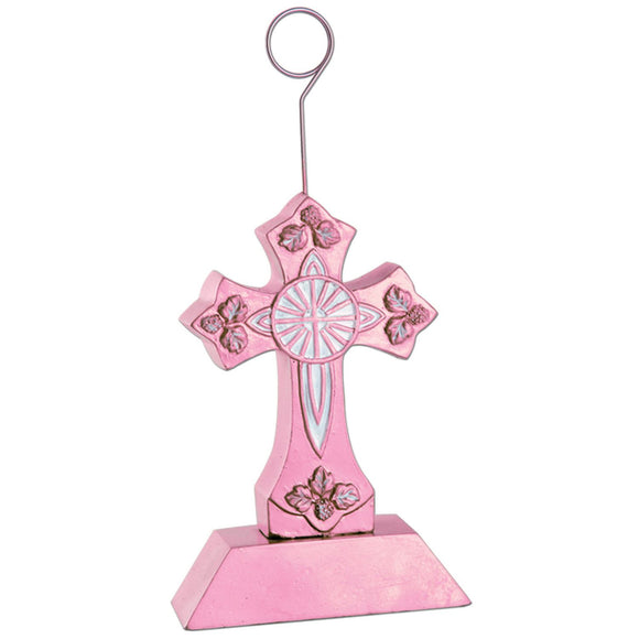 Beistle Pink Cross Photo/Balloon Holder - Party Supply Decoration for Religious