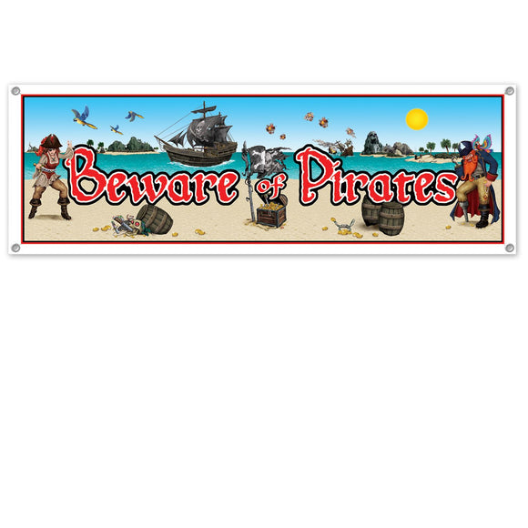 Beistle Beware Of Pirates Sign Banner 5' x 21 in  (1/Pkg) Party Supply Decoration : Pirate
