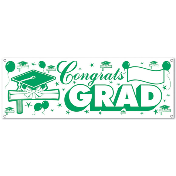 Beistle Green and White Congrats Grad Sign Banner 5' x 21 in  (1/Pkg) Party Supply Decoration : Graduation