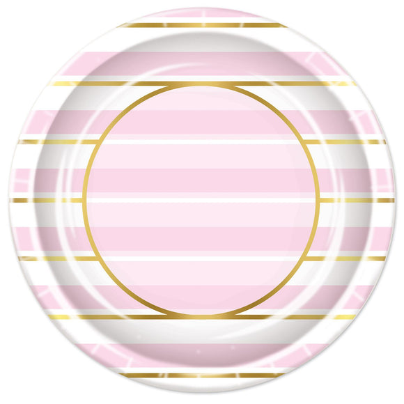 Beistle Striped Plates - Pink, White and Gold - Party Supply Decoration for Baby Shower