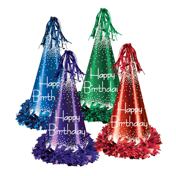 Beistle Fringed Foil Happy Birthday Party Hats, 13in 120.5 in   Party Supply Decoration : Birthday