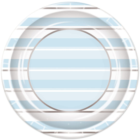 Beistle Striped Plates - Blue, White and Silver - Party Supply Decoration for Baby Shower