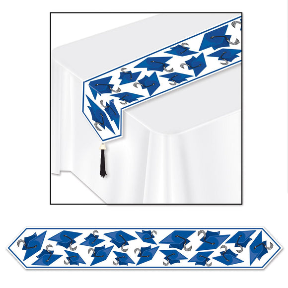 Beistle Blue Printed Grad Cap Table Runner - Party Supply Decoration for Graduation