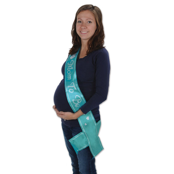Beistle Turquoise Mom To Be Satin Sash - Party Supply Decoration for Baby Shower
