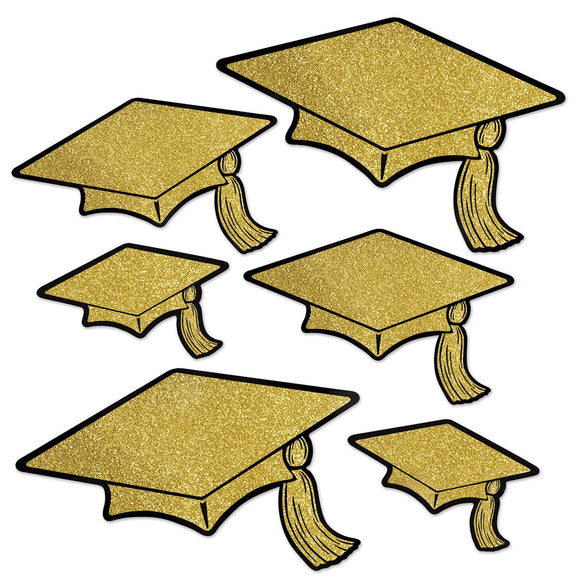 Beistle Glittered Foil Grad Cap Cutouts - Gold Asstd (6/Pkg) Party Supply Decoration : Graduation
