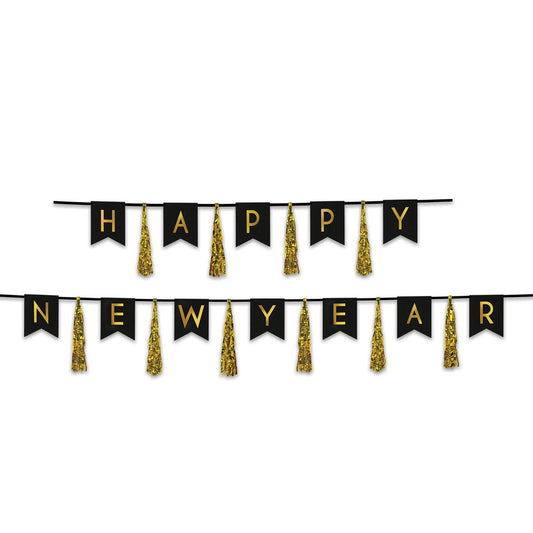 Beistle Happy New Year Tassel Streamer - Black and Gold 13 in  x 6' & 13 in  x 9' (1/Pkg) Party Supply Decoration : New Years