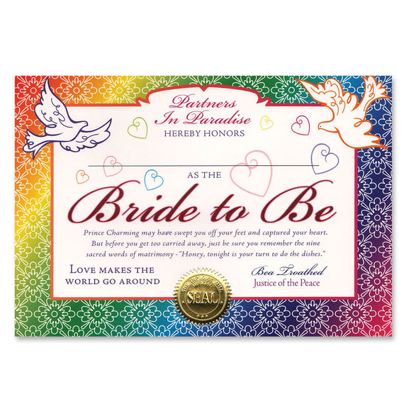 Beistle Bride To Be Certificate - Party Supply Decoration for Wedding