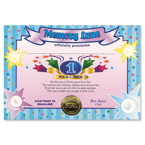 Beistle 1 Year Old (Boy) Certificate - Party Supply Decoration for 1st Birthday