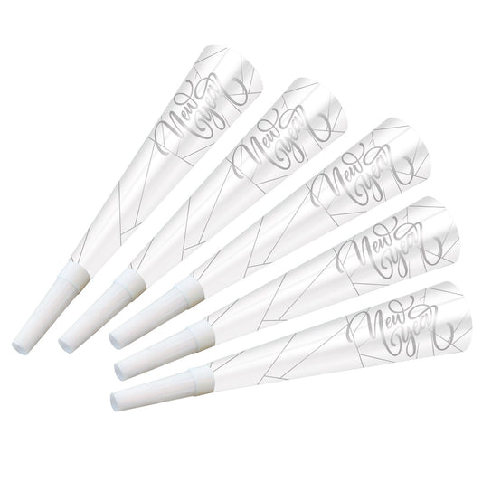 Beistle White New Year Silver Horns (100 per pack) - Party Supply Decoration for New Years