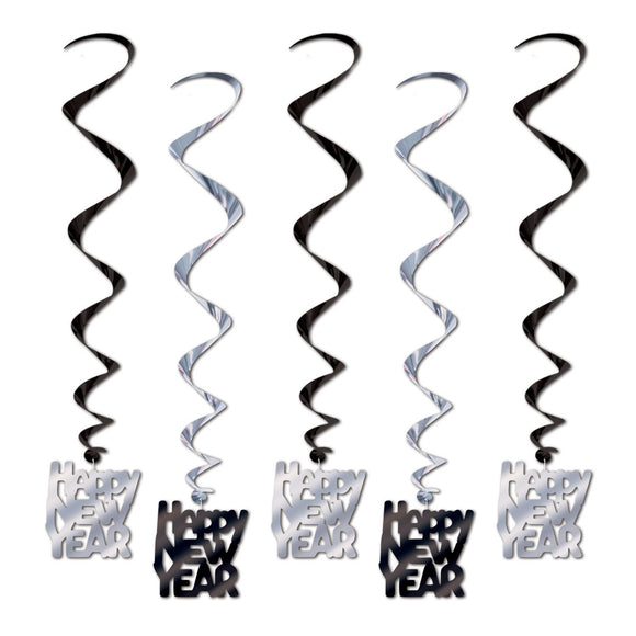 Beistle Black and Silver Happy New Year Whirls (5/pkg) - Party Supply Decoration for New Years