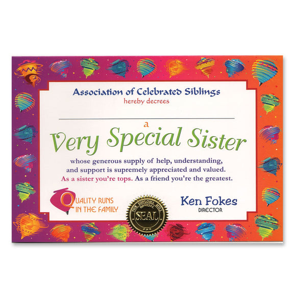Beistle Very Special Sister Certificate - Party Supply Decoration for General Occasion