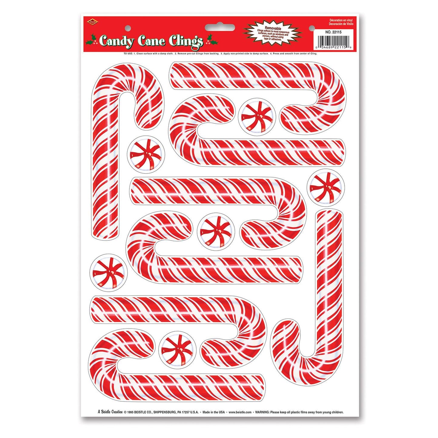 Beistle Candy Cane Clings - Party Supply Decoration for Christmas / Winter