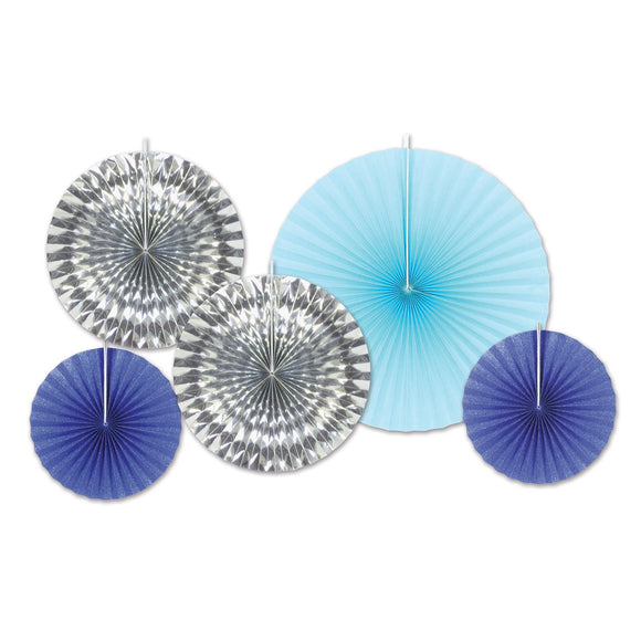 Beistle Blue and Silver Assorted Paper & Foil Decorative Fans - Party Supply Decoration for Christmas / Winter