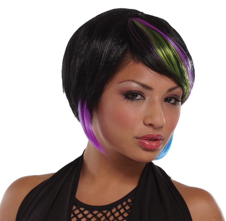 NEW RAVE WIG BLACK LIME BLUE